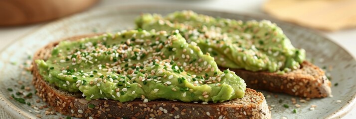 Wall Mural - A slice of whole grain toast spread with mashed avocado and sprinkled with hemp seeds a nutritious and delicious breakfast option.