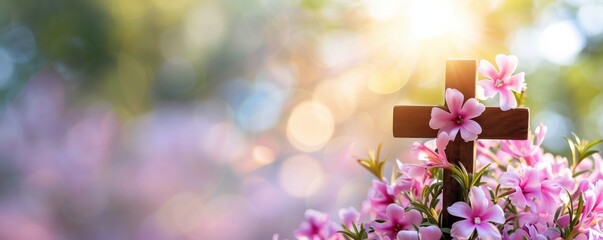 Wooden Cross With Pink Flowers And Blurred Background.