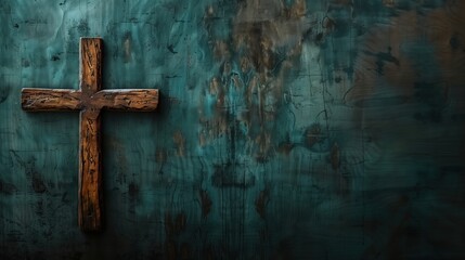 Wooden Cross on Teal Background.
