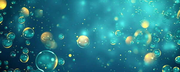 Fototapete - Abstract blue backdrop design for graphic creative projects and websites, with yellow illumination and soft floating bubbles or circles in a random pattern. teal blue in hue
