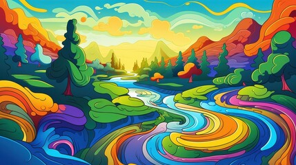 Wall Mural - Vivid and Colorful Fantasy Landscape with Rainbow River Flowing Through Mountains. Surreal illustration for nature, travel, adventure, or imagination.