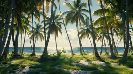 Wall Mural - the majestic coconut palms lining the beach, their towering fronds swaying gently in the ocean breeze like nature's graceful dancers.