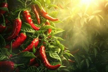 Wall Mural - Red chili peppers are growing on a plant in a sunlit garden