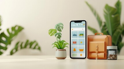 Digital travel journal app, sleek interface, showing family trip highlights, cool tones, high-tech vibe