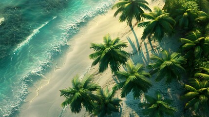 Wall Mural - the tropical allure from a bird's-eye view: coconut palms line the sandy shores, their verdant fronds swaying in the ocean breeze.