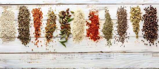 Wall Mural - Spices displayed on a white wooden surface from above with room for text