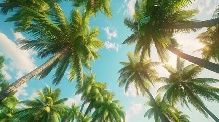 Sticker - the tropical ambiance of the beach, where the towering coconut palms stand tall and proud, their verdant fronds reaching towards the sky like nature's own skyscrapers.