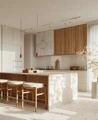 Poster - Corner of modern kitchen with white and wooden walls, concrete floor, white countertops with built in sink and cooker