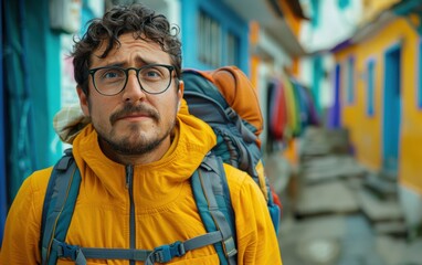 A young man wearing a yellow jacket and a backpack walks through a city street with colorful buildings