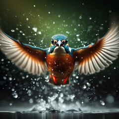 Wall Mural - High-speed photography of a kingfisher flying quickly in a lake, motion blur and fast shutter speed