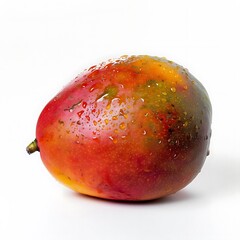 Wall Mural - Mango Fruit with Water Droplets, Red and Yellow Fruit with Green Stem, Isolated on White Background, Photo