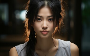 Wall Mural - A close-up portrait of a young woman with black hair and a grey tank top looking directly at the camera