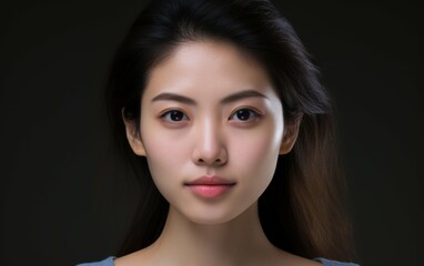 Wall Mural - A close-up portrait of a young Asian woman with dark hair, looking directly at the camera. Her expression is neutral