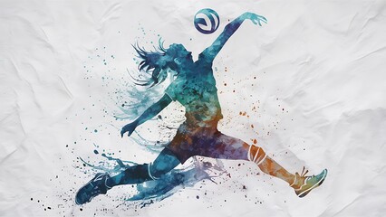 Naklejka na meble Aquarelle style silhouette volleyball player spiking ball with brush strokes and splash on white background