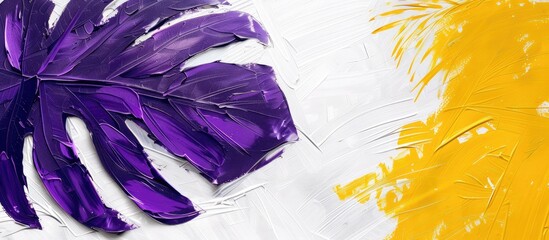 Sticker - Purple tropical leaf painted on a white and yellow backdrop. Simple summer exotic theme with room for text.