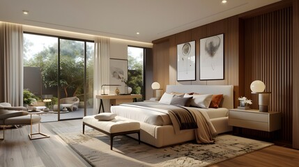 Wall Mural - Modern bedroom design with a plush white bed, cozy decor, and natural light