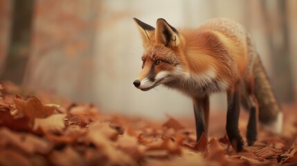Wall Mural - A curious fox with a bushy tail explores a dense forest, its fur blending seamlessly with the autumn leaves.