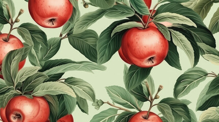 Wall Mural - Fruit pattern. Seamless pattern of apple and leaves. Vintage botanical 3d illustration., generative ai