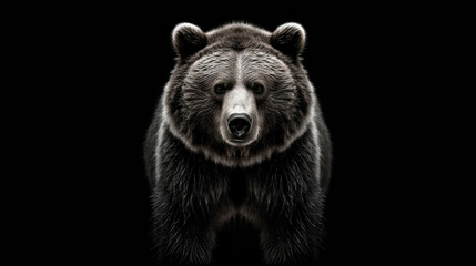 Front view of brown bear isolated on black background. Black and white portrait of Kamchatka bear. Predator series. digital art, generative ai