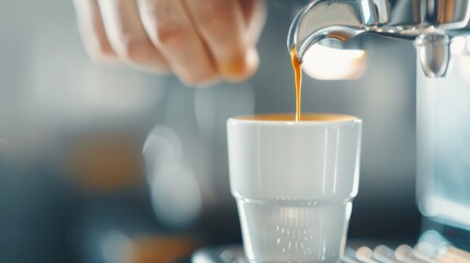 Freshly brewed espresso streaming into a ceramic cup, barista's hands in the background, warm cafe ambiance with soft lighting and stylish design