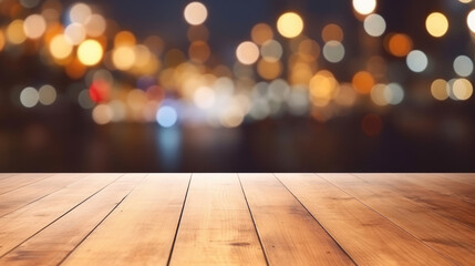 Wall Mural - Wooden table in front of abstract blurred restaurant night lights background. background Image of wooden table in front of abstract blurred night city lights, generative ai