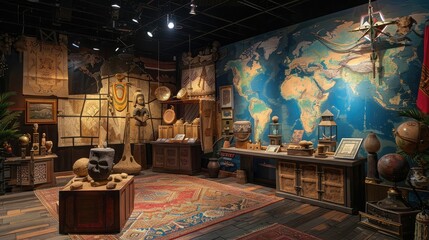 Wall Mural - Travel Show Destination: A travel-themed set with world maps, exotic props, and cultural artifacts for travel shows