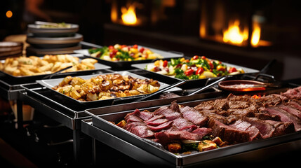 Catering Buffet Food Dish with Meat on a Table. buffet food. catering food party at restaurant,, generative ai