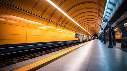 Wall Mural - Subway underground tunnel with blurry rail tracks in metro gallery, concept of public transport, generative ai
