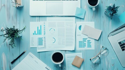 Poster - An editorial layout with a financial advisor's desk cluttered with reports and financial documents, editorial photography style