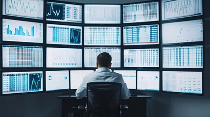 Poster - editorial image of a financial advisor analyzing market data on multiple screens, editorial photogra