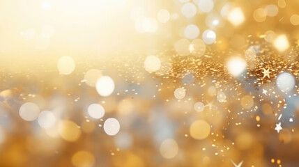 Wall Mural - Blurred bokeh light blue gold background, Christmas and 2024 New Year holidays background. Gold foil texture. Holiday concept., generative ai