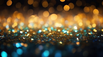 Wall Mural - glitter vintage lights background. gold, blue and black. de-focused. blurred yellow and cyan glow sparks from neon lights with blank spot on black background, generative ai