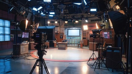Wall Mural - Vacant Newsroom Set: Empty Anchor Desks, Silent News Tickers, and Camera Setups, Anticipating the Next Breaking Story.