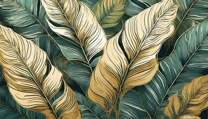 Wall Mural - Luxury gold and nature green background. Floral pattern, Golden split leaf Philodendron plant