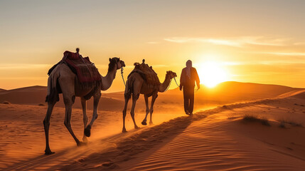 Berber man leading camel caravan at sunset. A man leads two camels through the desert. Man wearing traditional clothes on the desert sand,, generative ai