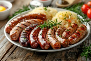 Wall Mural - Grilled Sausages with Sauerkraut and Rosemary