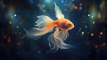 Goldfish. Fantasy background with a beautiful glowing magical goldfish, bokeh background. digital art, generative ai