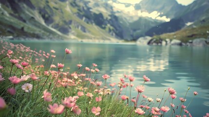 Sticker - Pink blooms beside a remote alpine lake