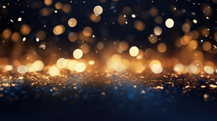 Wall Mural - Abstract luxury swirling gold background with gold particle. Christmas Golden light shine particles bokeh on navy blue background. Gold foil texture. Holiday concept., generative ai
