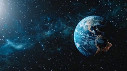 Aufkleber - A 3D rendering of planet Earth as seen from space, with a focus on the Americas and the Pacific Ocean. The image features a starry backdrop and a bright, distant sun