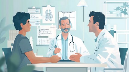 Wall Mural - An informative illustration promoting World Lung Cancer Day, showing a doctor explaining lung health to a patient in a clinic setting The scene includes detailed medical diagrams and a calming color