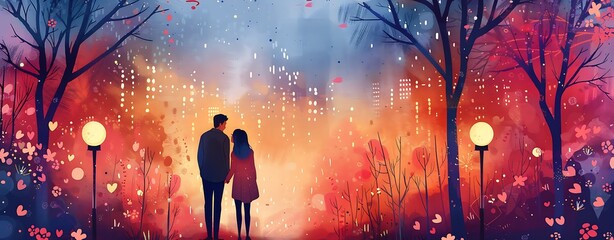 Canvas Print - A charming illustration of a couple taking a romantic walk in a city park during the evening for National Girlfriend Day The scene features soft lighting and blooming flowers, with ample copy space