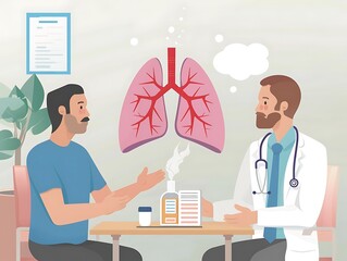 Wall Mural - A clear and educational illustration for World Lung Cancer Day showing a doctor using a model of the lungs to explain cancer risks and prevention to a patient The background is a clean, professional