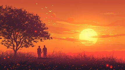 Wall Mural - A romantic illustration of a couple watching the sunset from a hilltop, celebrating National Girlfriend Day The scene is filled with warm colors and a serene atmosphere, with ample copy space for