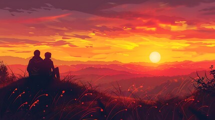 Wall Mural - A romantic illustration of a couple watching the sunset from a hilltop, celebrating National Girlfriend Day The scene is filled with warm colors and a serene atmosphere, with ample copy space for