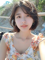 Wall Mural - Young and cute Korean woman on the beach on a sunny day, Generative AI