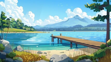 Wall Mural - Serene Lake Landscape with Wooden Dock and Mountain View, Digital Illustration of Peaceful Nature Scene