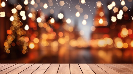 Wall Mural - Empty wooden table top with blurry Christmas town and snowfall background. A lit Christmas tree is present in the decorated town square. Celebrate the Christmas holidays. generative ai