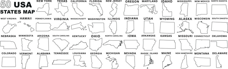 USA states map outline, 50 state map of the United States of America, including New York, California, Texas, Florida, Ohio, illustrated map for educational, geographic, travel purposes