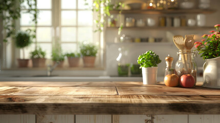 Wall Mural - Warm and inviting kitchen with a wooden countertop and blurred white interior. Perfect for showcasing your culinary creations or displaying your favorite decor.